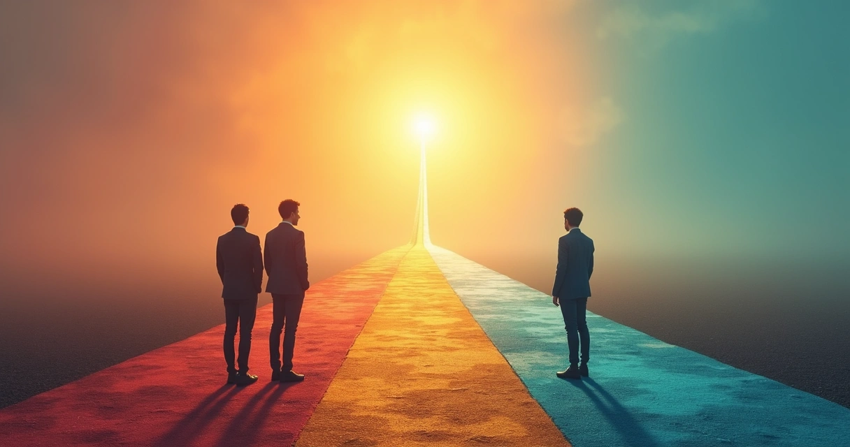 People at a crossroads with colorful paths representing choices 