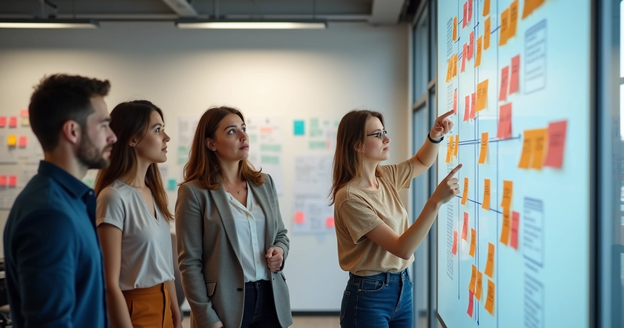 Colleagues reviewing decision-making chart together 