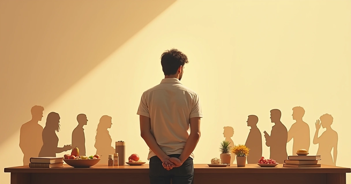 Person choosing between multiple options with faded background showing various symbols for culture, family, and media 