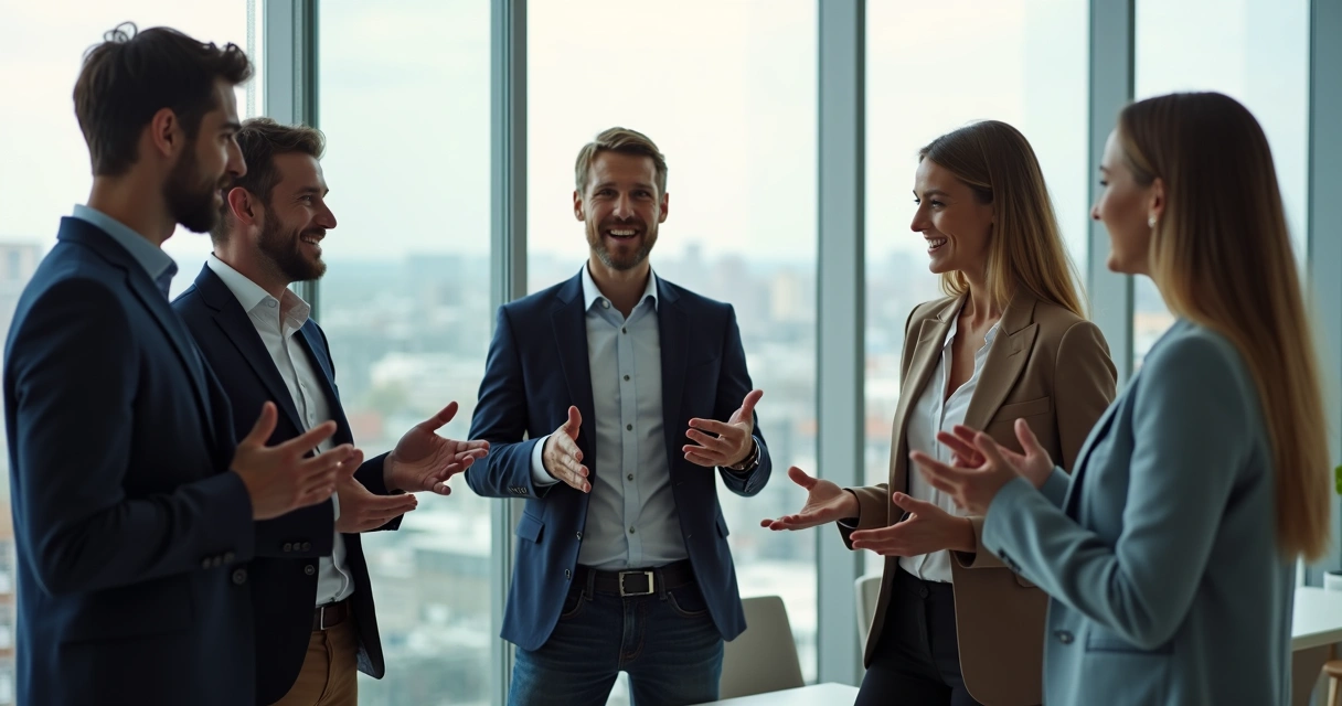 Group of colleagues standing together, making a decision using open hand gestures and positive body language 