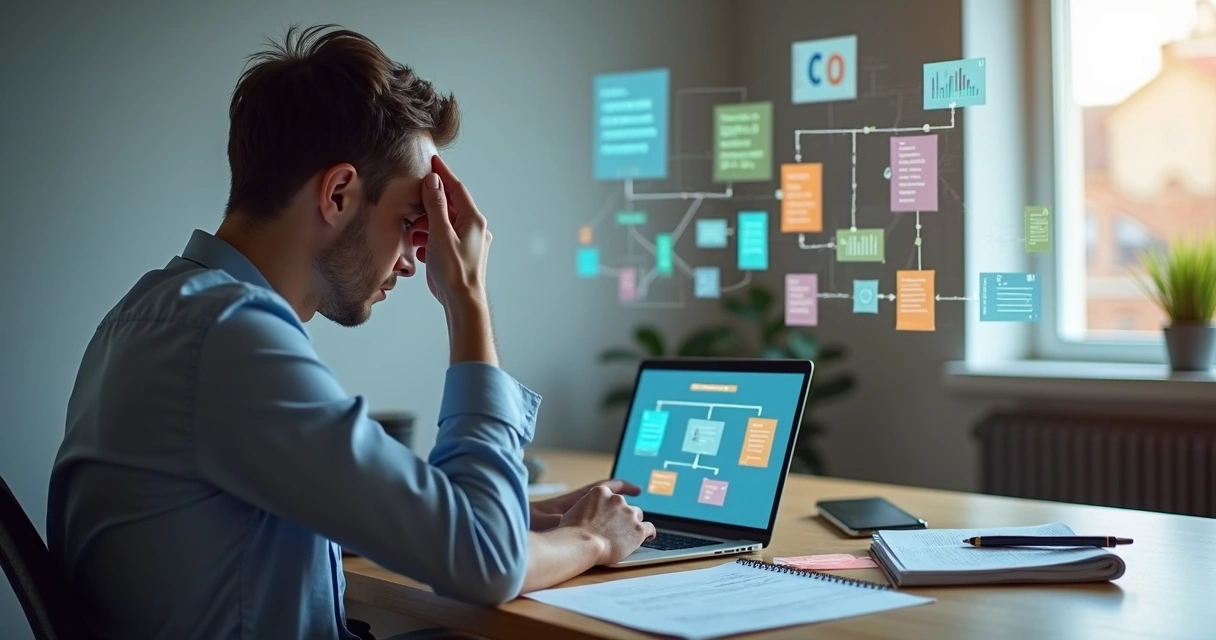 Overwhelmed professional at desk surrounded by scattered decisions and options 