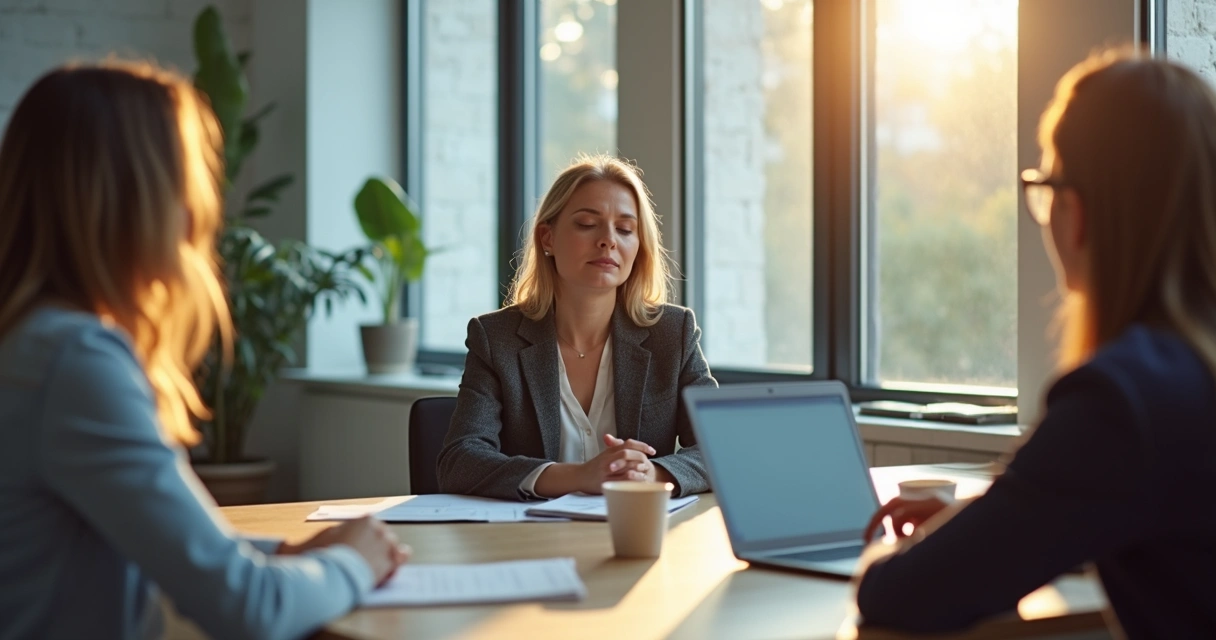 Group in discussion, one person pausing with eyes closed, hands relaxed, in office