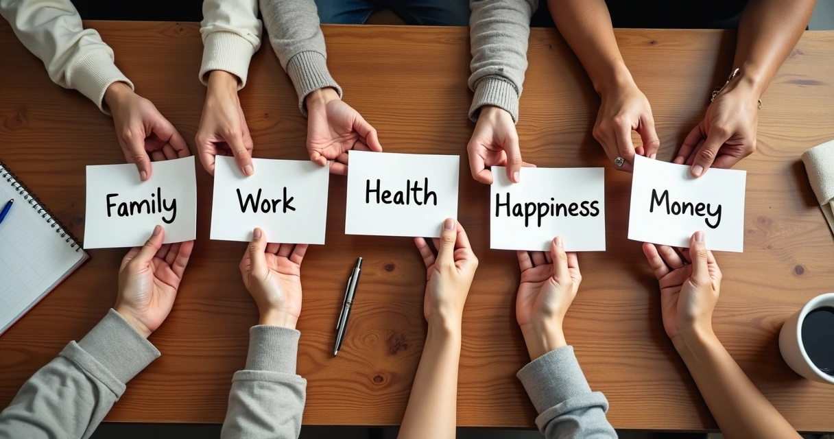 Hands holding paper cards with different decision options 