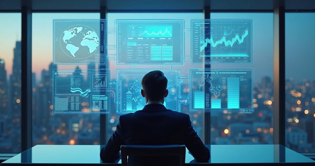 Manager analyzing connected data charts for decision 