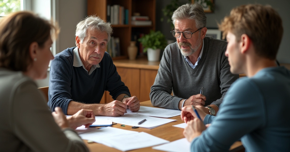 Small group discussing choices around table. 