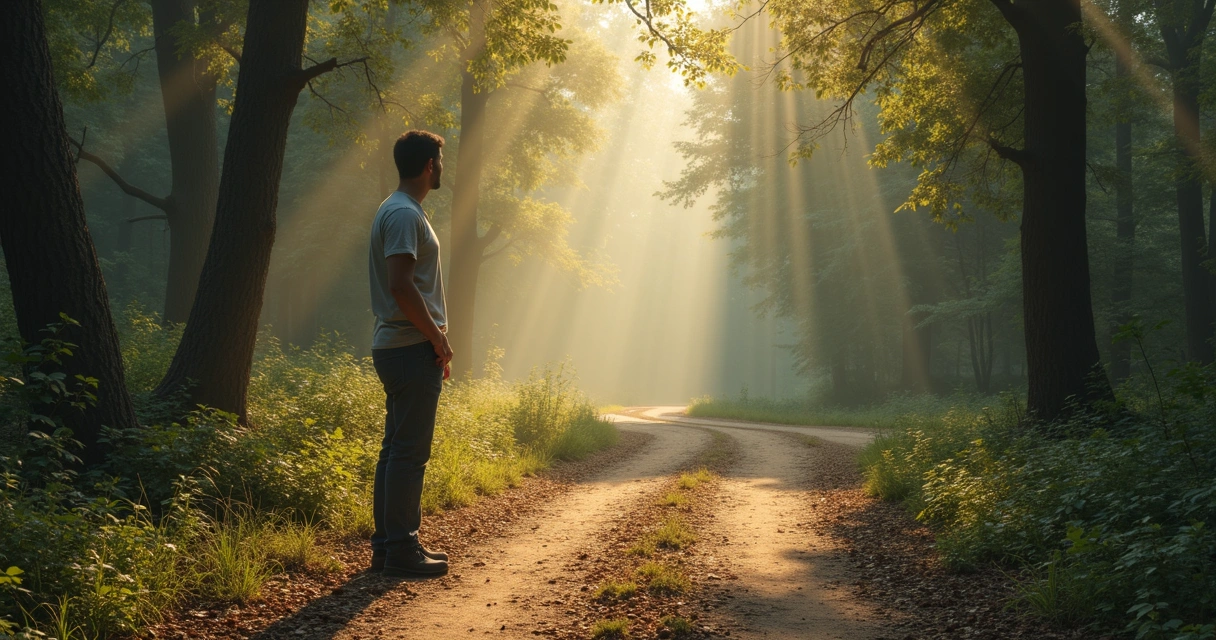 Person standing at a crossroads, considering different paths surrounded by nature 