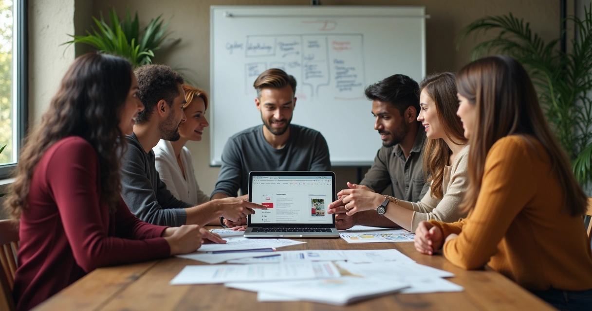 Small business team discussing web design options