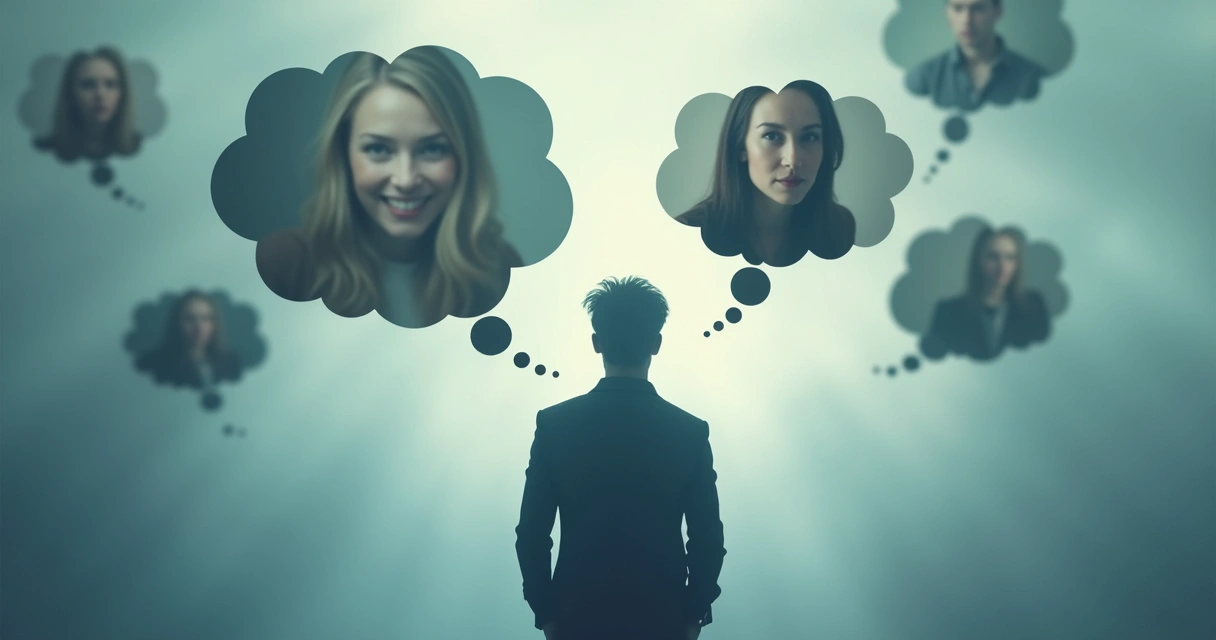 Person with overlapping thought bubbles, deep in decision-making 