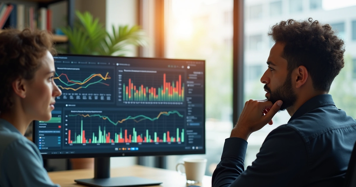 Colleagues at a workspace, one looks at data on a monitor, another looks thoughtful. 