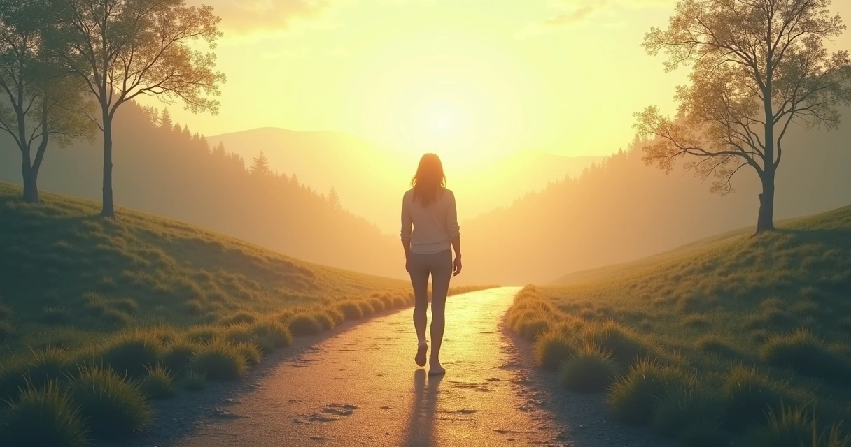 Person at a crossroads, thoughtfully choosing a path under warm sunlight
