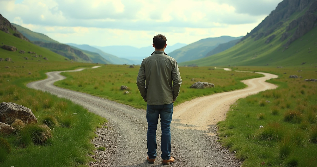 A person standing at a crossroads with multiple distinct paths branching out 