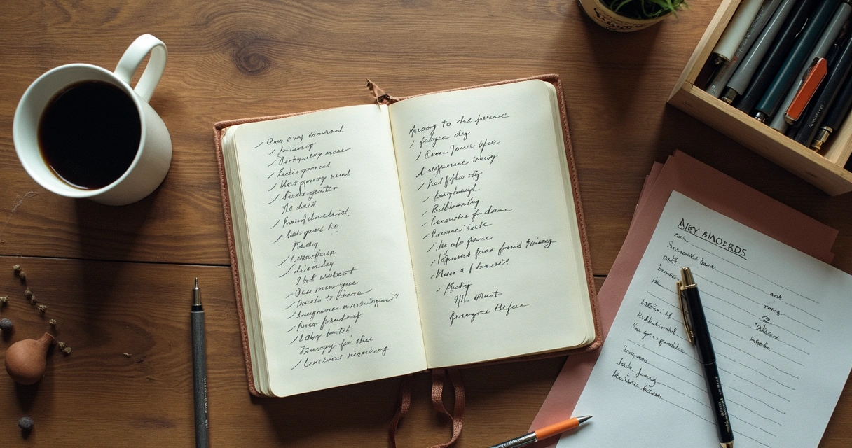Photo of a table with a journal, pen, coffee, and paper with lists and doodles. 