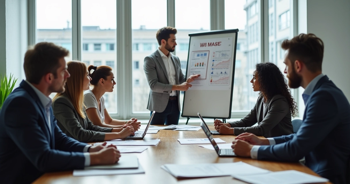 Team discusses decision options around a conference table 