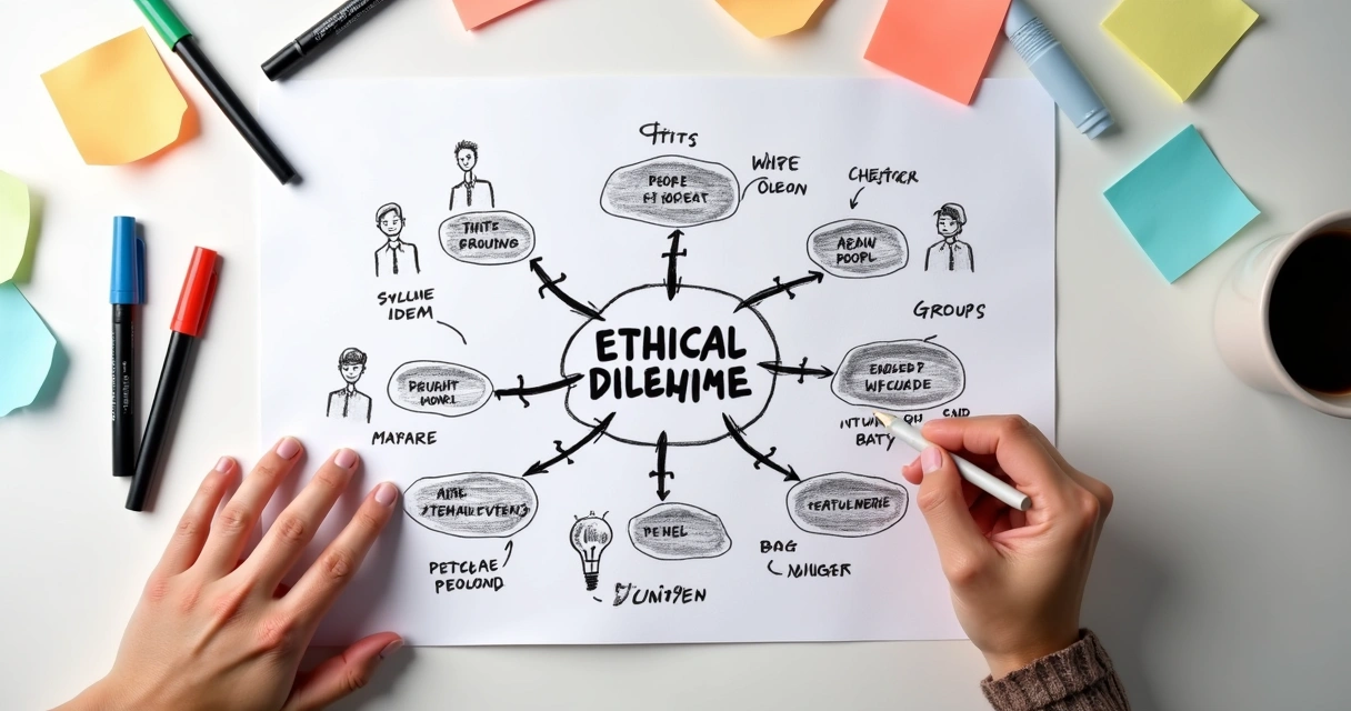 Hand-drawn system map with ethical dilemma at center 