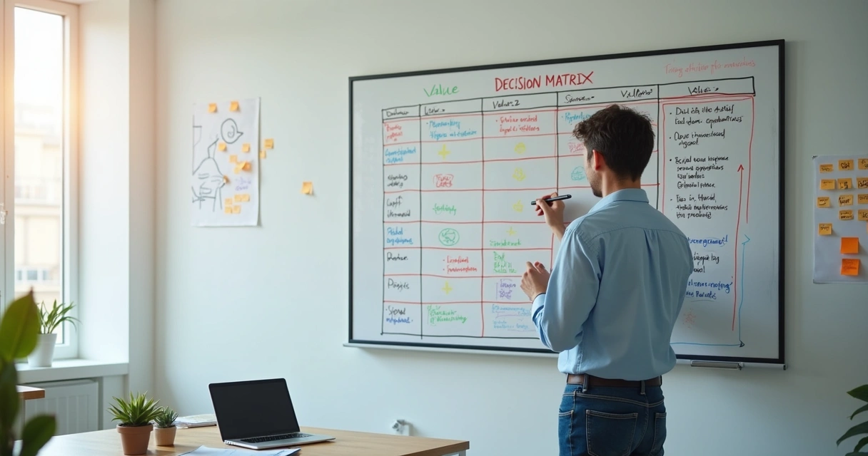 Employee using markers to fill out a workplace decision matrix on a board
