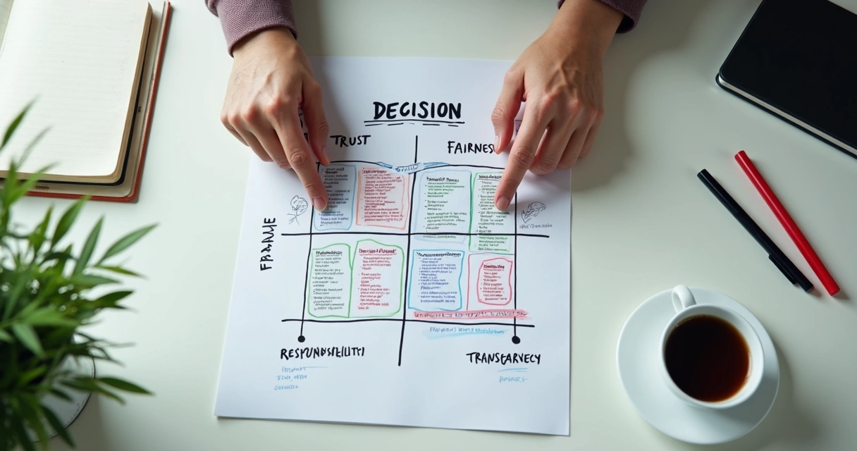 Decision matrix linking team values to choices on a desk