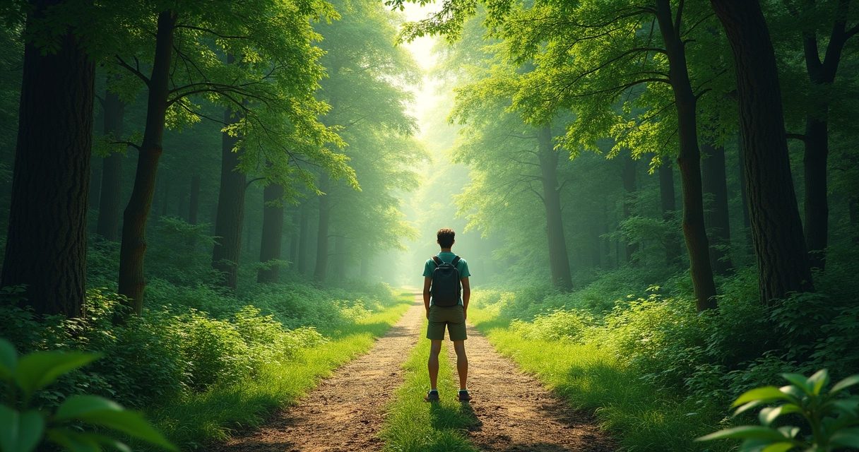 Two paths in a forest, one well-lit and smooth, the other dark and tangled, with a person pausing at the fork 