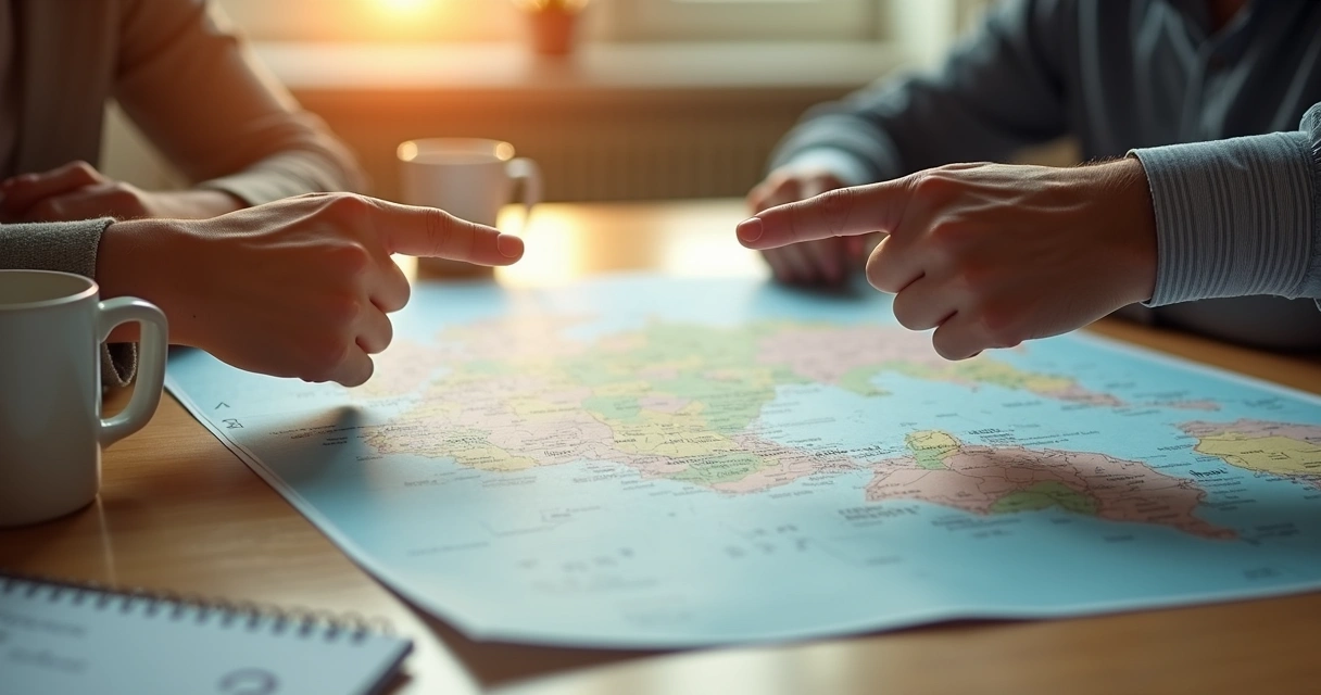 Hands pointing in different directions over a split path. 