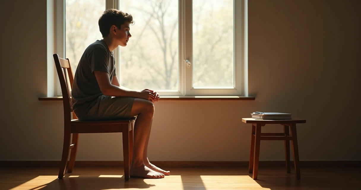 Person pausing with a thoughtful expression in a quiet room 