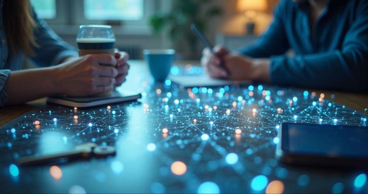 Network of people connected by lines and daily objects 