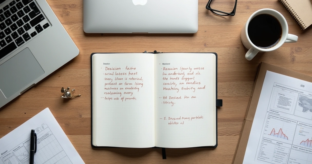 Notebook with decision notes beside a laptop 
