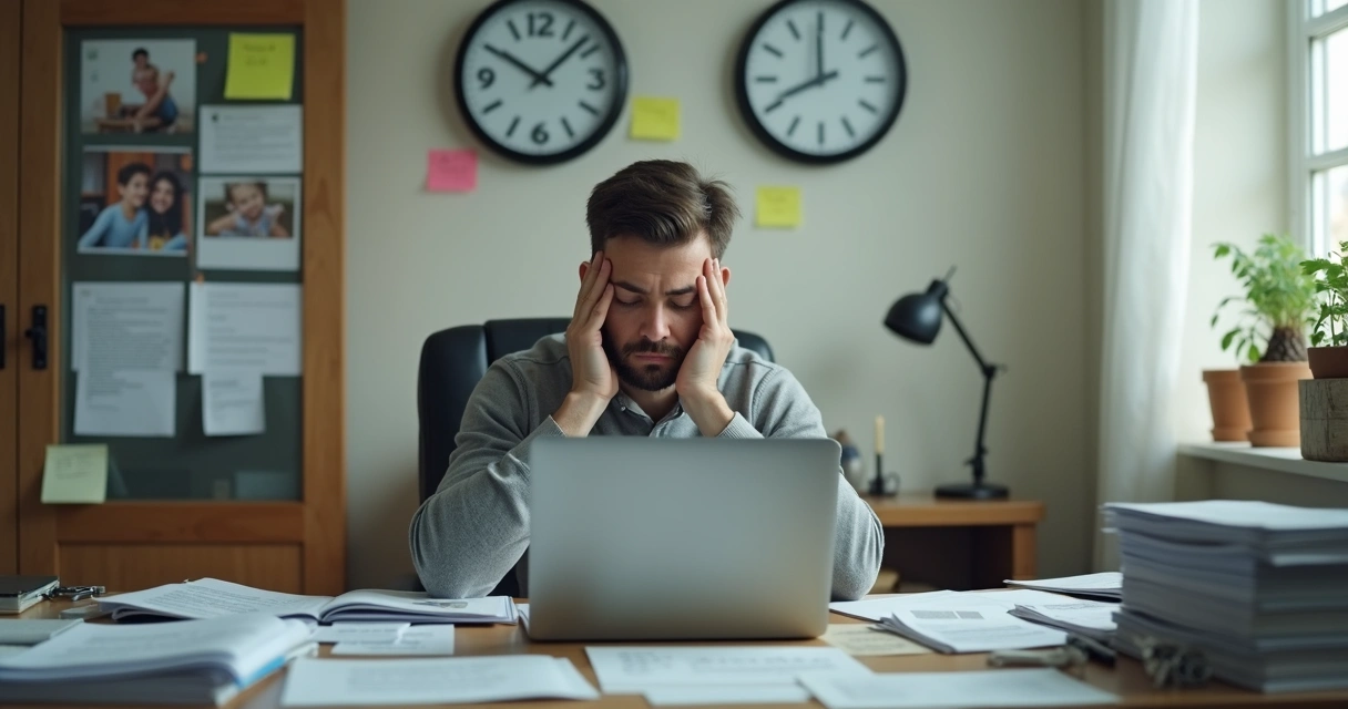 Person sitting at desk surrounded by papers and clocks showing different times 