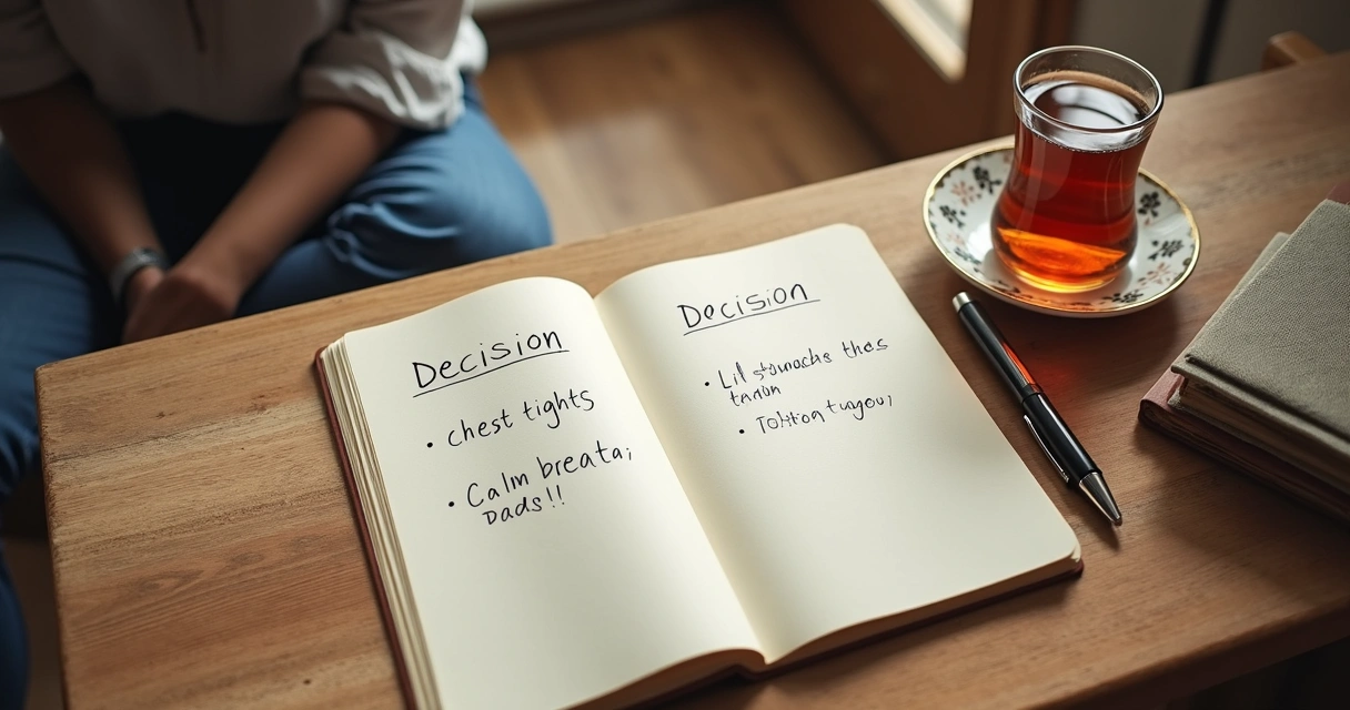 Notebook with decision notes beside a calm seated figure 