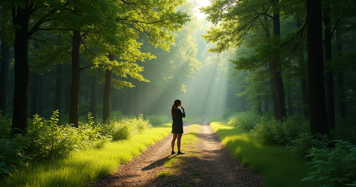 Forked path in sunlit forest with person pausing