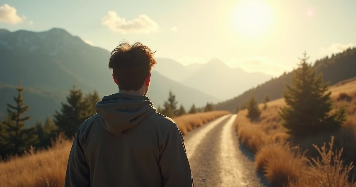 Person standing at crossroads, several paths stretch out under sunlight, mountains in background 