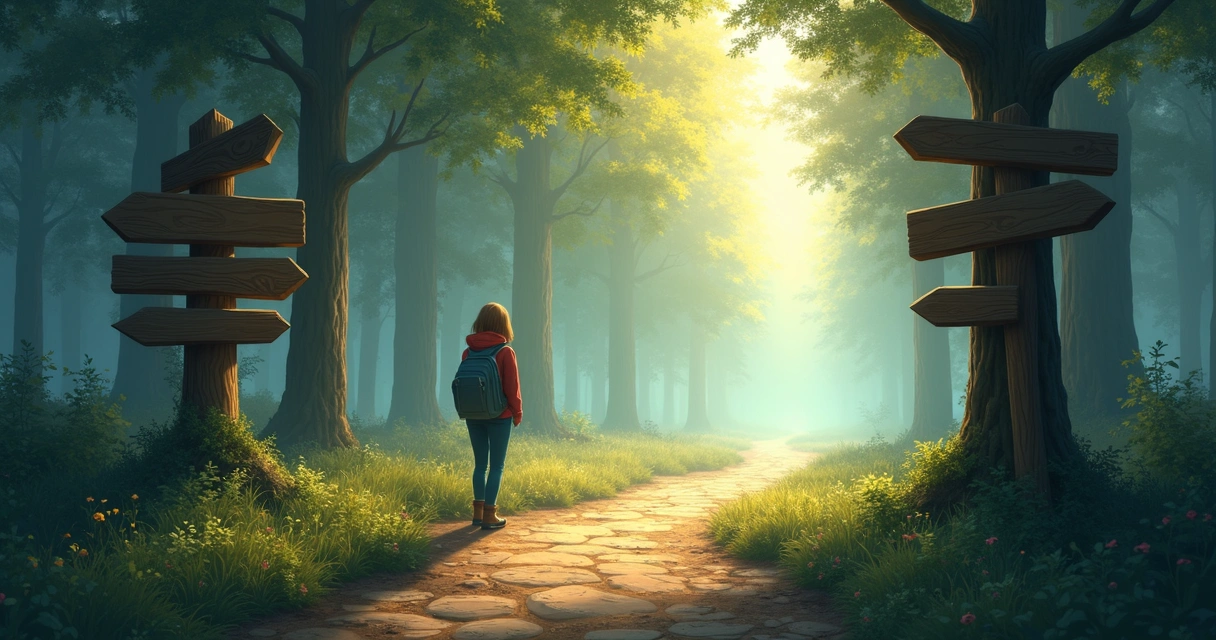Illustration of a person facing two diverging paths, one lined with signposts and another shrouded in mist.