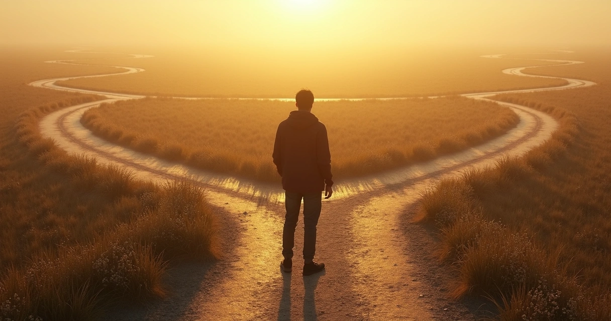 Shadowed figure standing at multiple paths, sunrise background