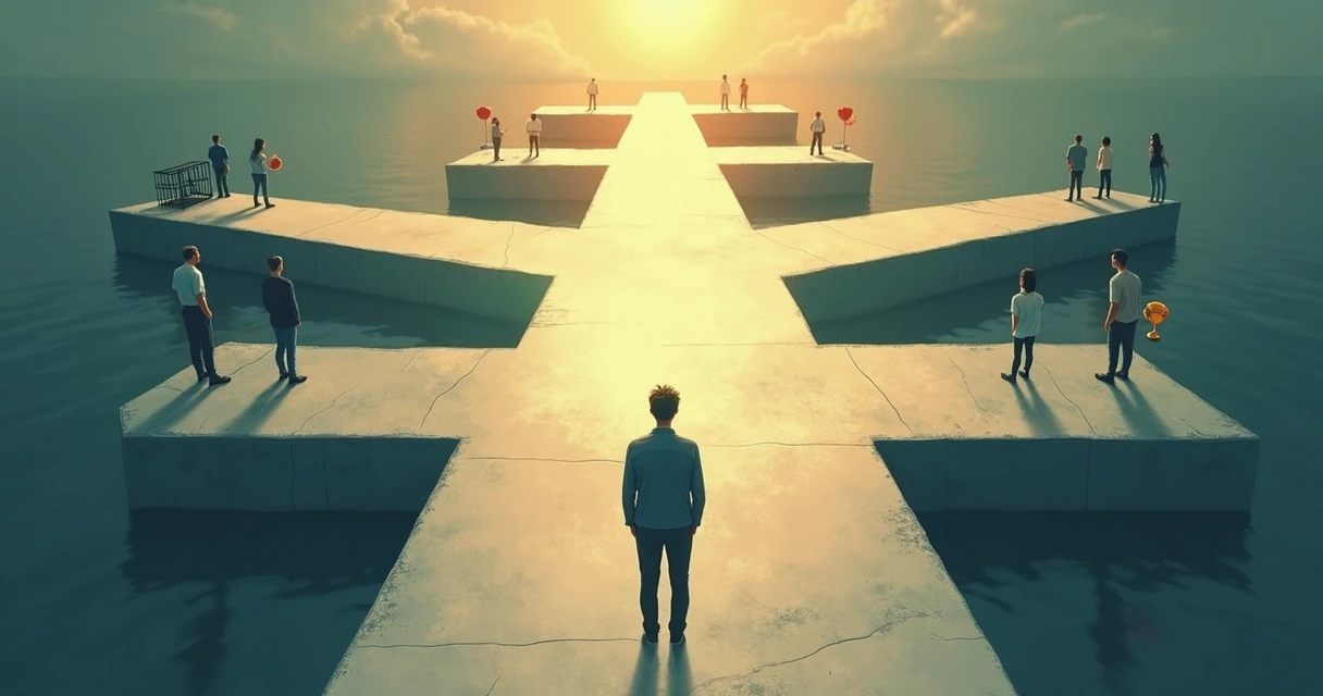 Illustration of a person at a crossroads making a difficult decision amid symbolic patterns 