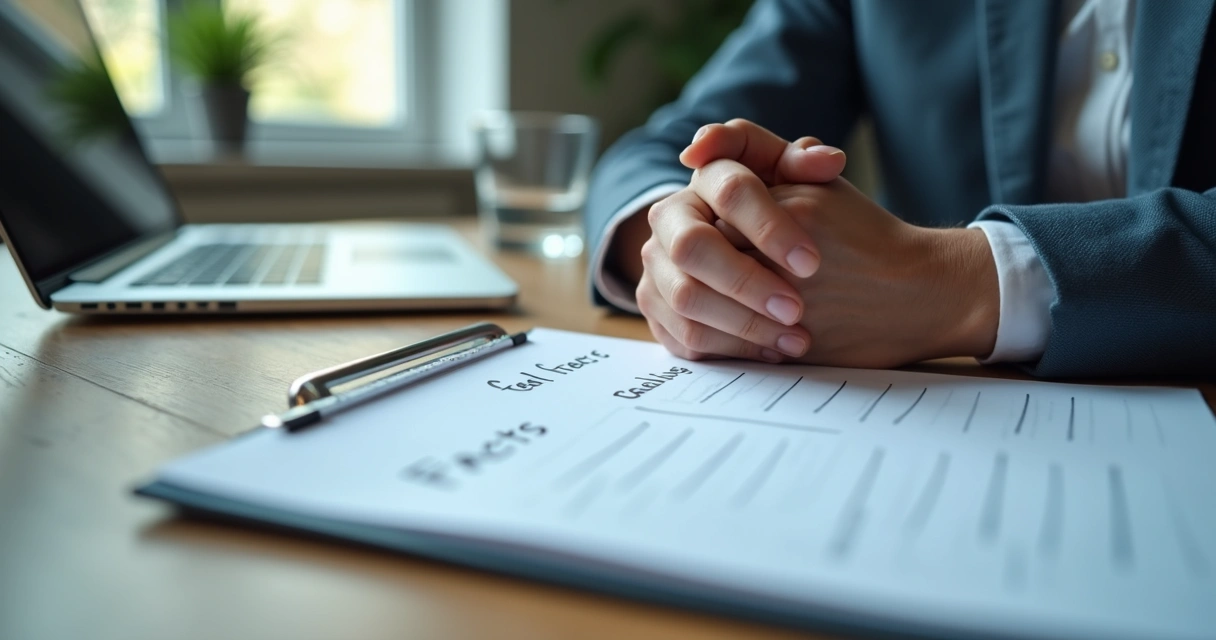 Person pausing before a decision at a desk