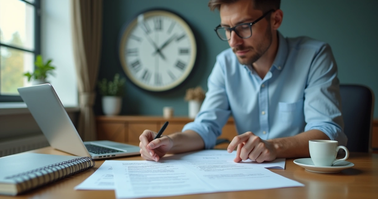 Persona pensando frente a una mesa con reloj y notas