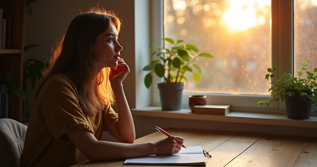 Woman reflecting at a desk with pen and notebook 
