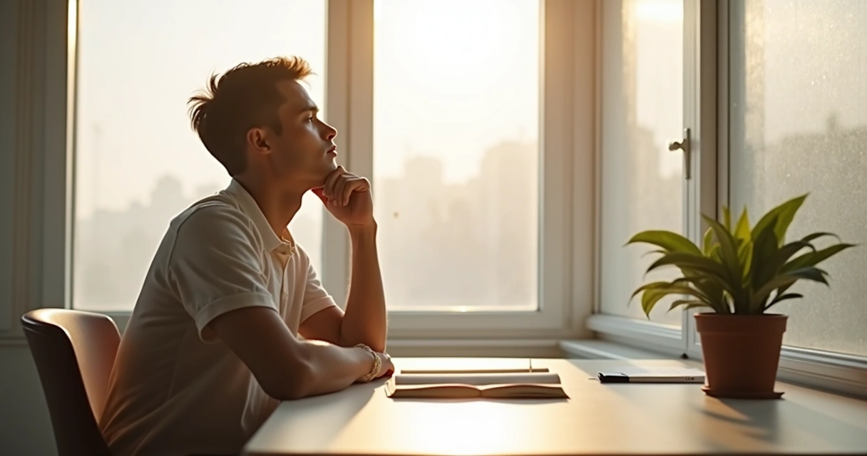 Person quietly thinking with a notebook, window with daylight, plant nearby