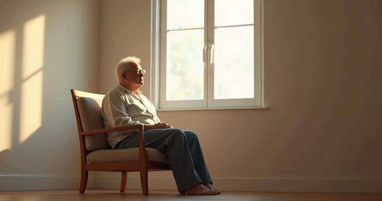 Persona sentada en una silla reflexionando en una sala tranquila 