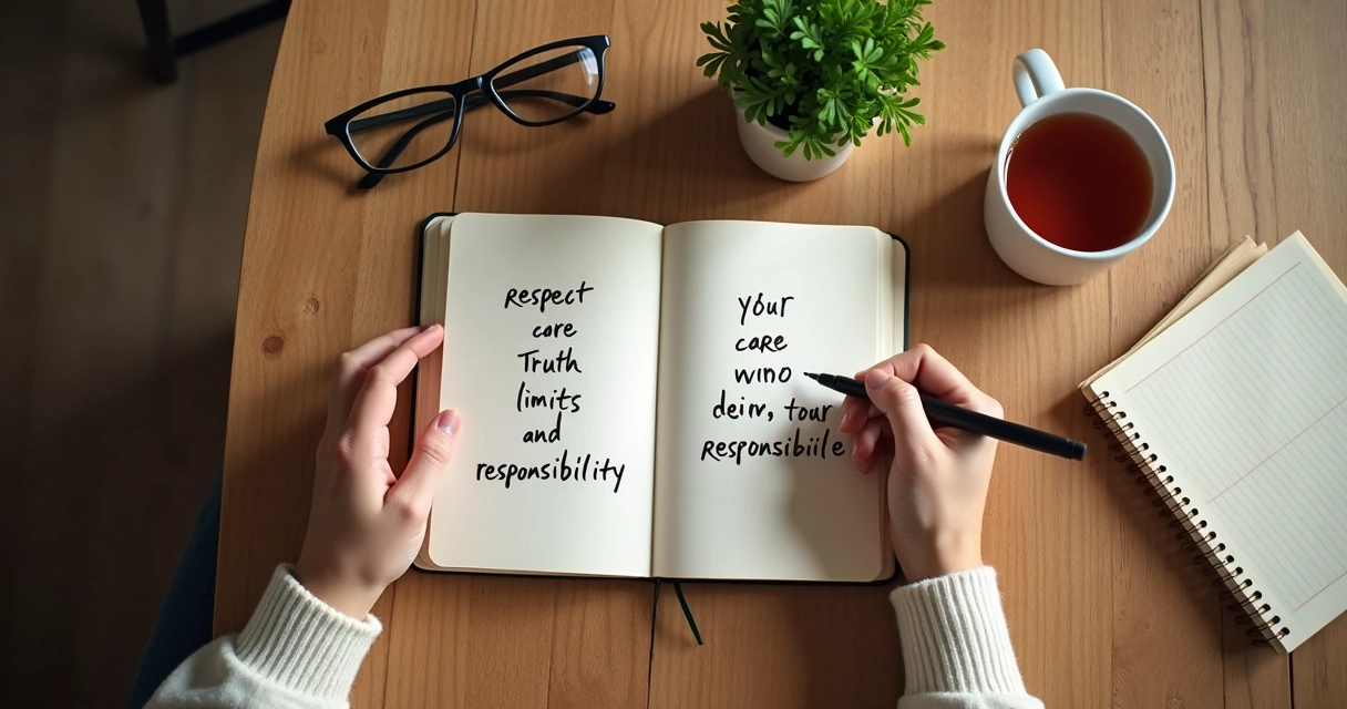 Persona escribiendo decisiones y valores en un cuaderno sobre una mesa