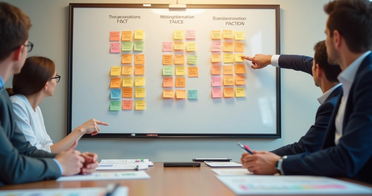 Whiteboard showing team decision options, known facts, assumptions, and missing information