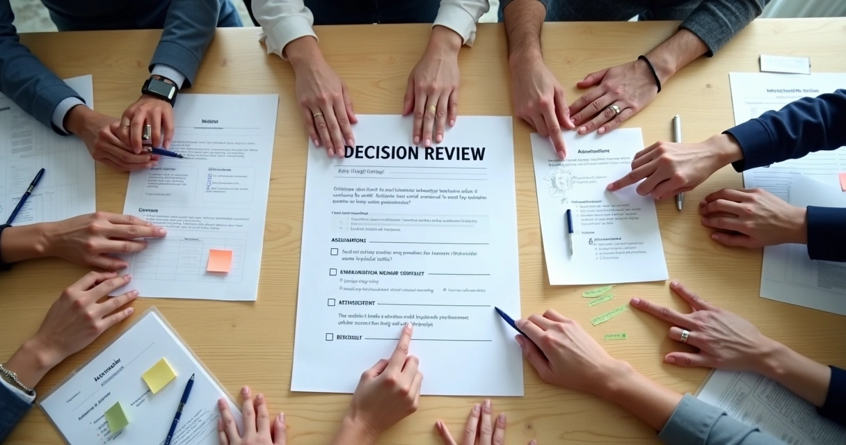 Printed checklist used by a team to review a group decision 