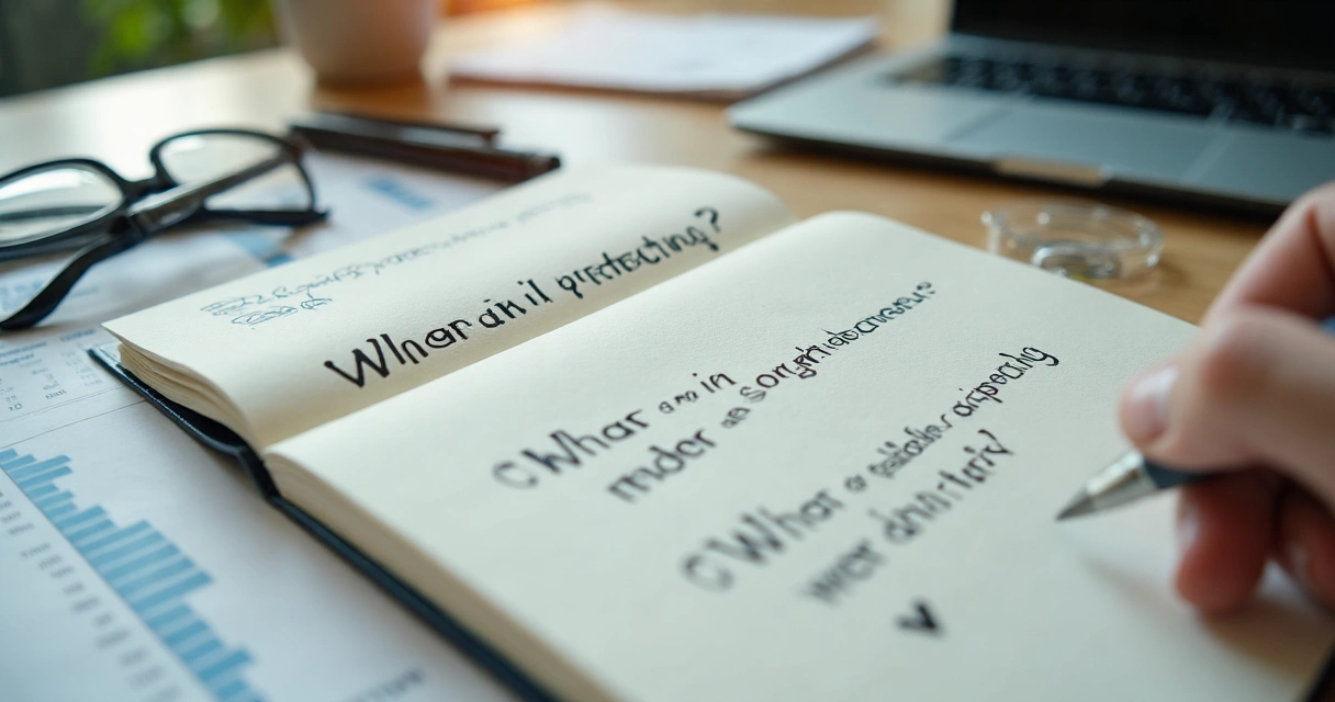 Notebook with decision review questions beside laptop in office