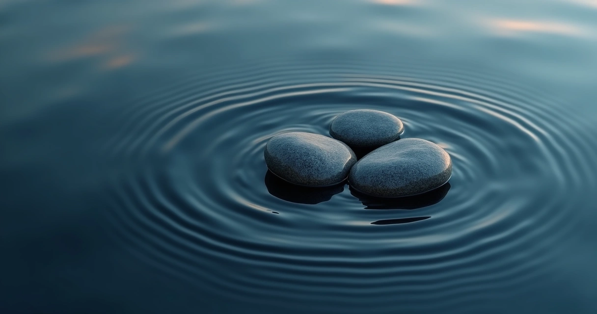 Stones creating ripple circles across calm water 