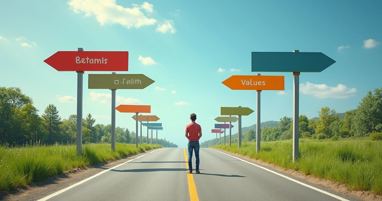 Multiple directional road signs representing different decisions 