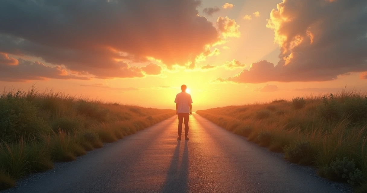 Person facing a forked road at sunset, contemplating choices 