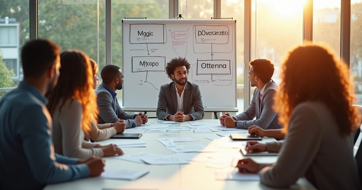 Group discussing decision scenarios with charts, in modern office. 