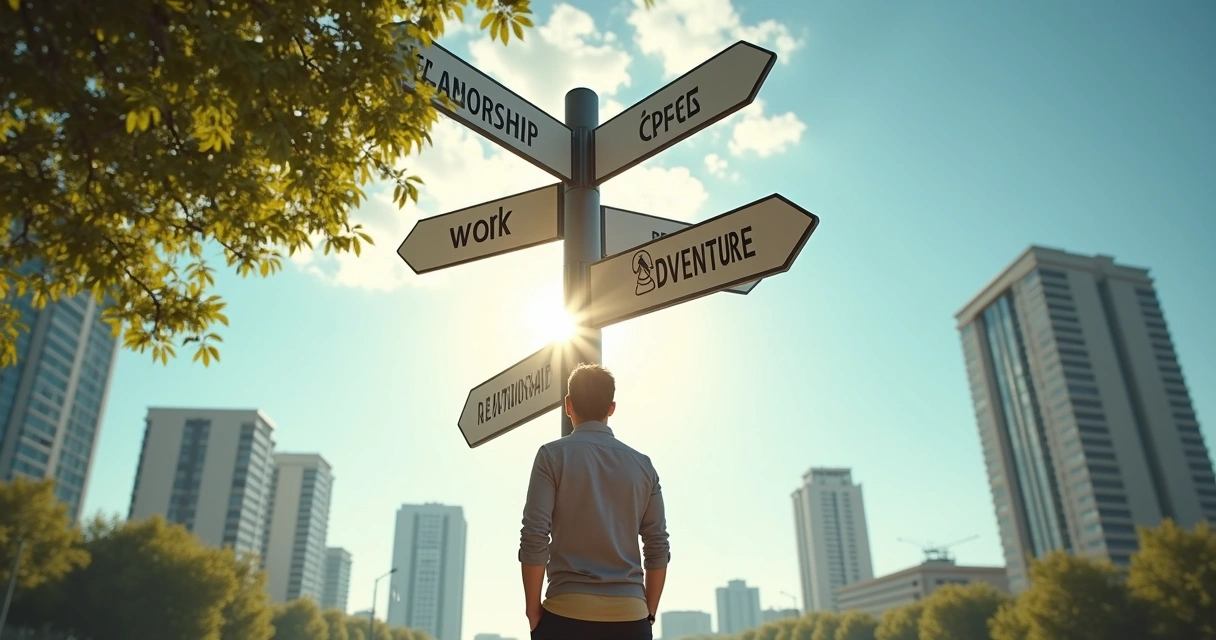 Individual pausing at decision signpost with arrows pointing in several directions 