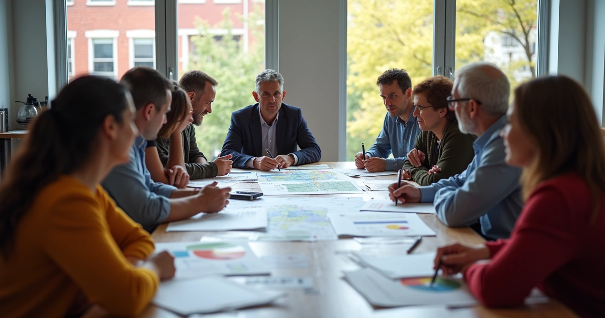 A diverse community group around a table making decisions 