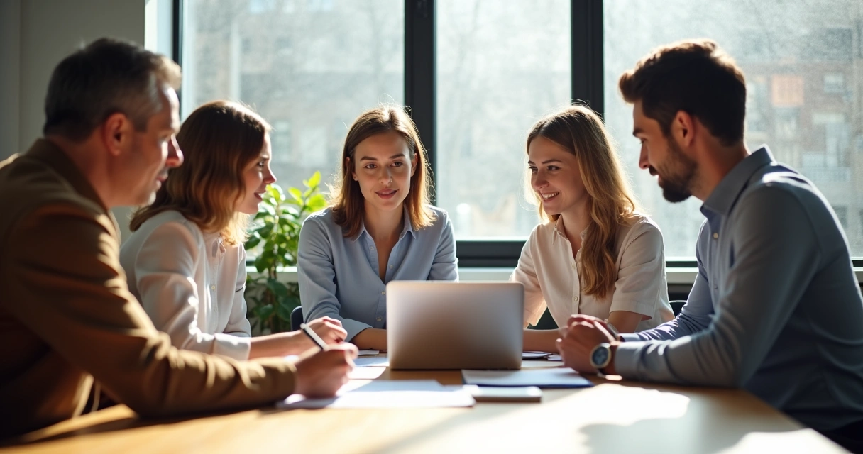Group of people at a table discussing and making a decision together 