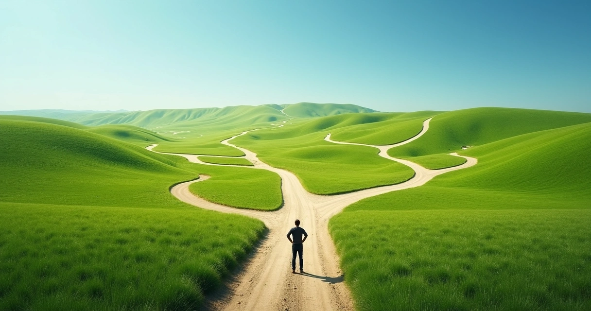 Person at crossroads facing many path options 