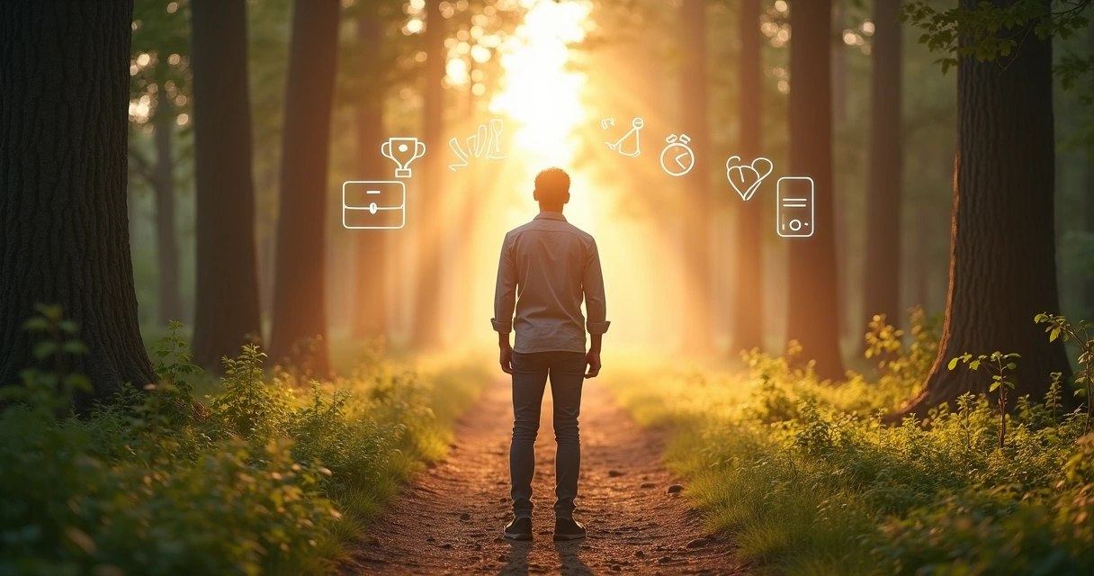 Persona eligiendo camino en bifurcación con símbolos de valores 